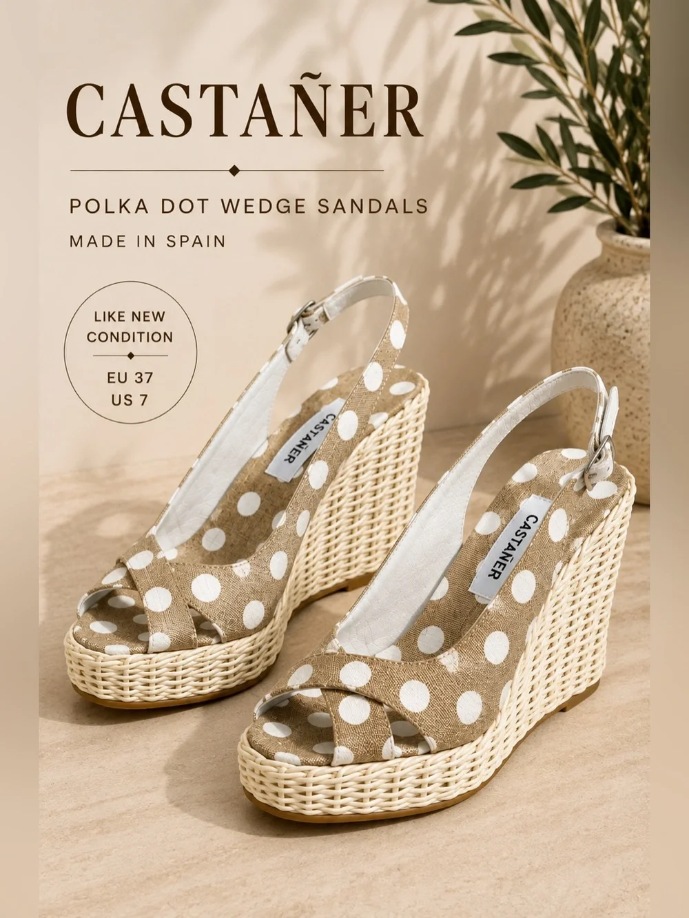 Castañer Polka Dot Wicker Wedge Slingback Sandals US 7